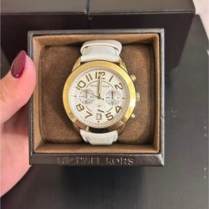 Michael Kors Gold-Tone Chronograph Watch with White Leather Strap